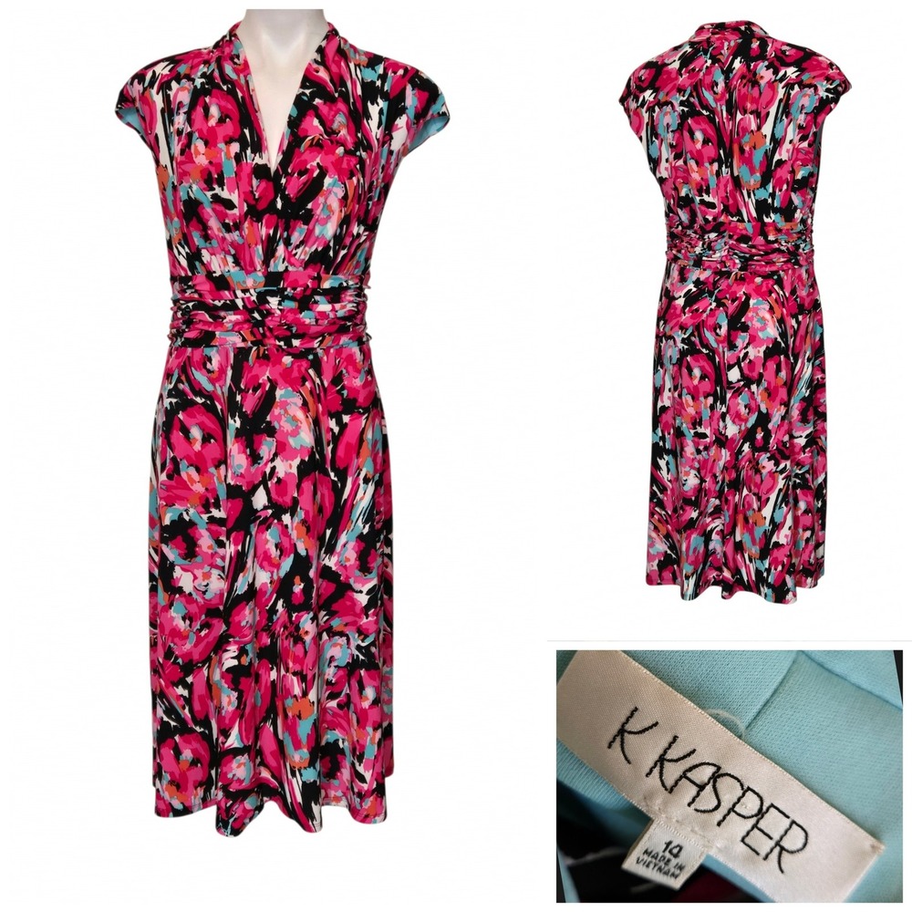 Kasper Pink Abstract Floral V-Neck Sheath Dress Size 14 Cap Sleeve Faux Wrap